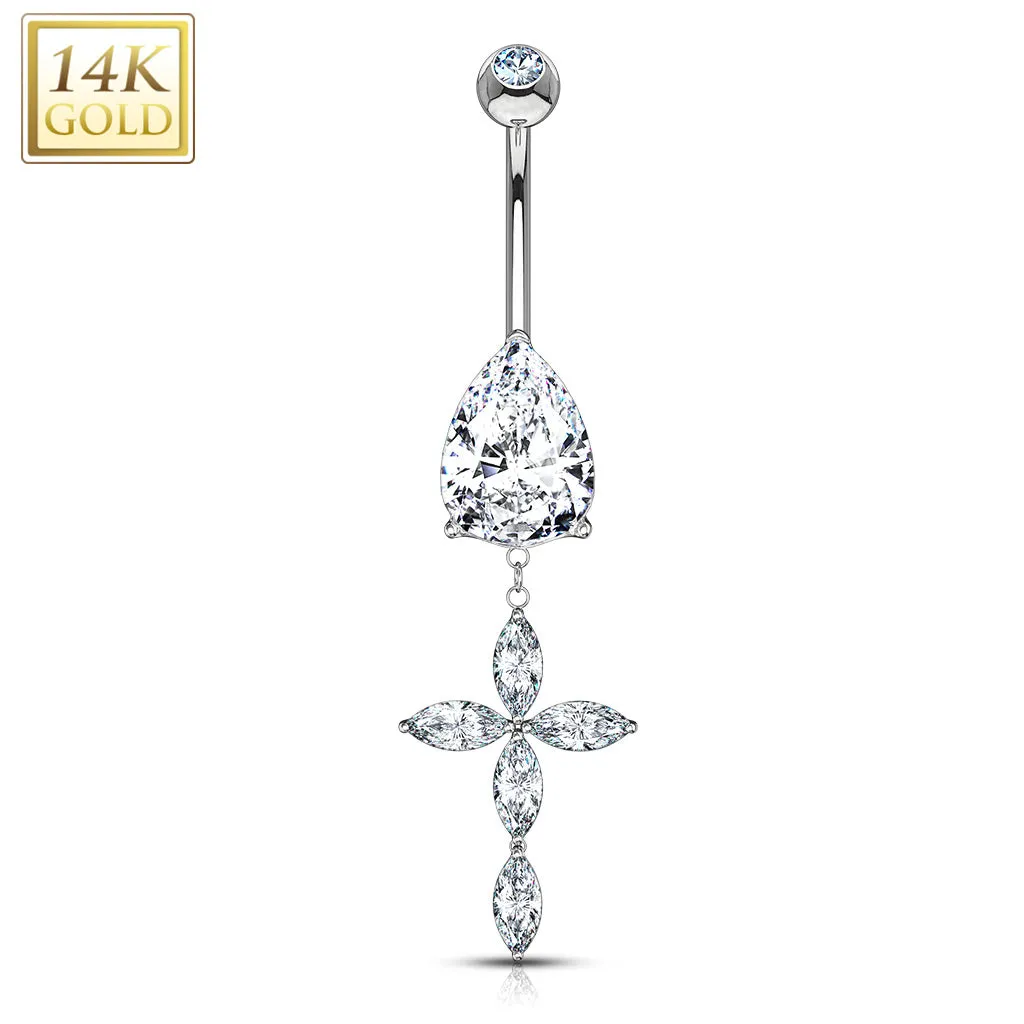 Cross Marquise Dangle w/ Teardrop CZ Prong 14 Karat Solid Gold WildKlass Navel Ring