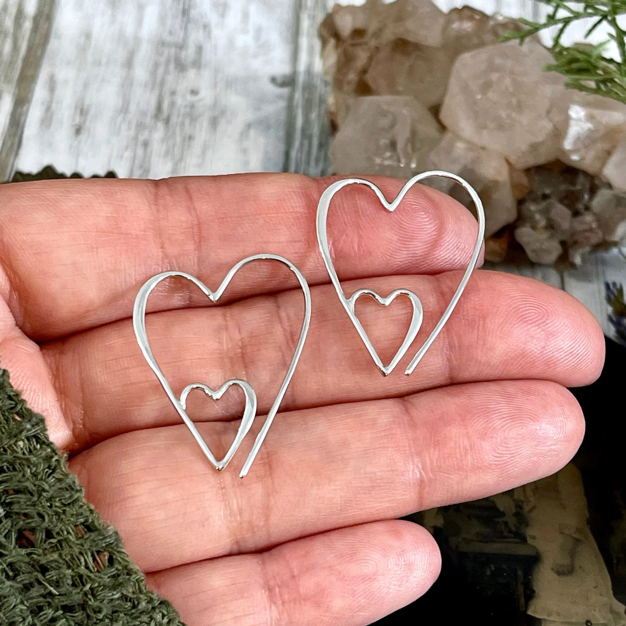 Dainty Sterling Silver Double Heart Earrings / Witchy Earrings  Gothic Jewelry