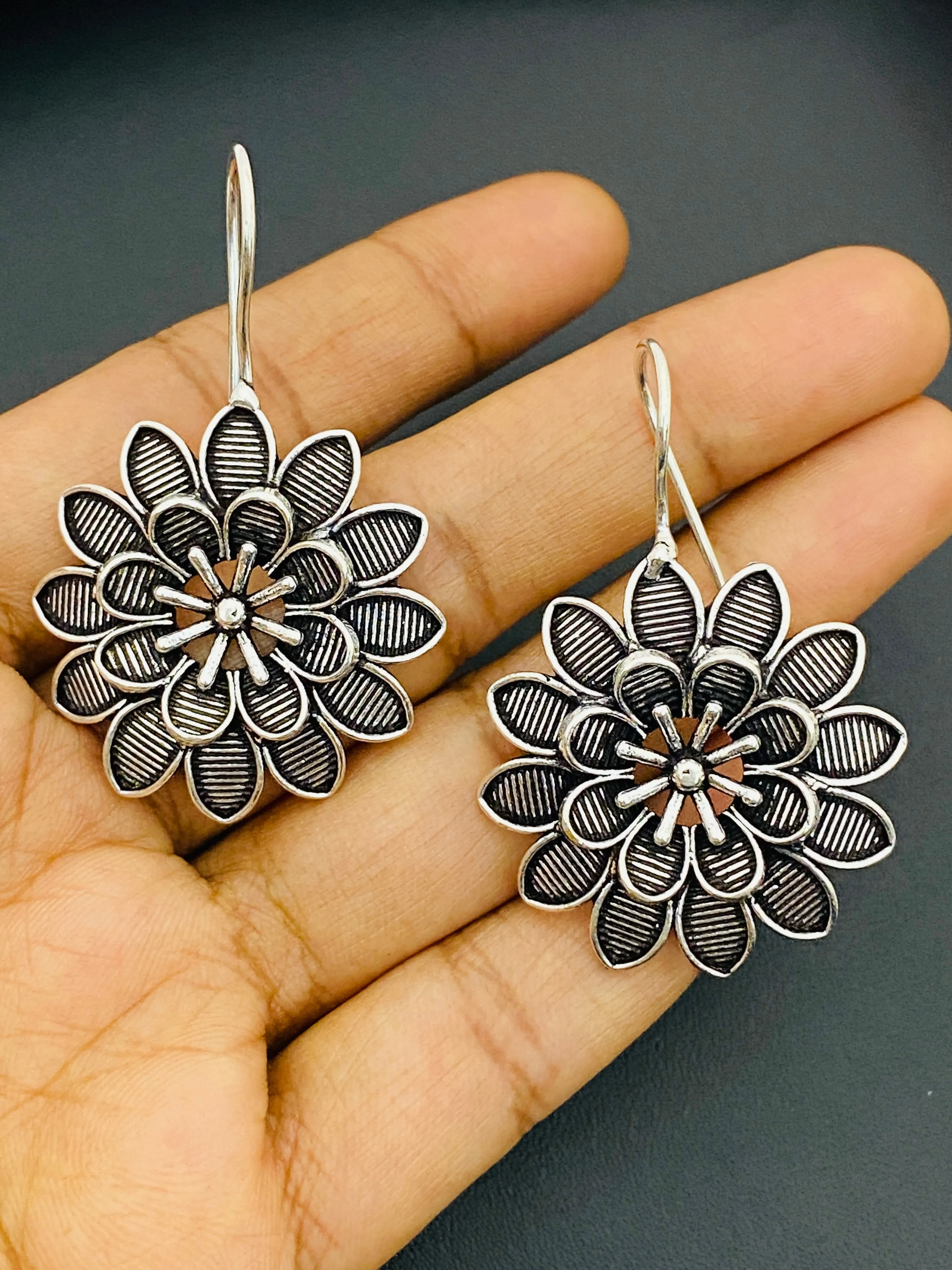 Dazzling Floral Designed German Silver Plated Oxidized Handmade Hook Earrings