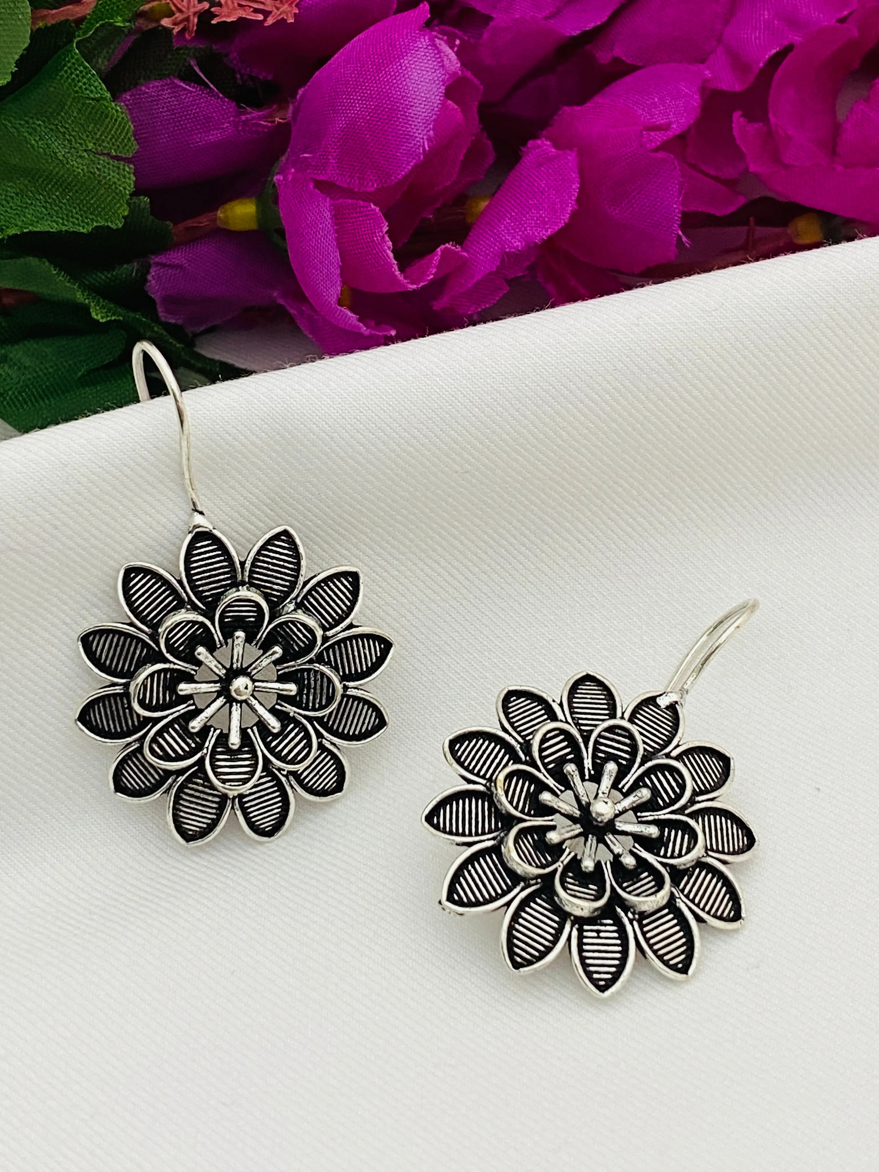 Dazzling Floral Designed German Silver Plated Oxidized Handmade Hook Earrings