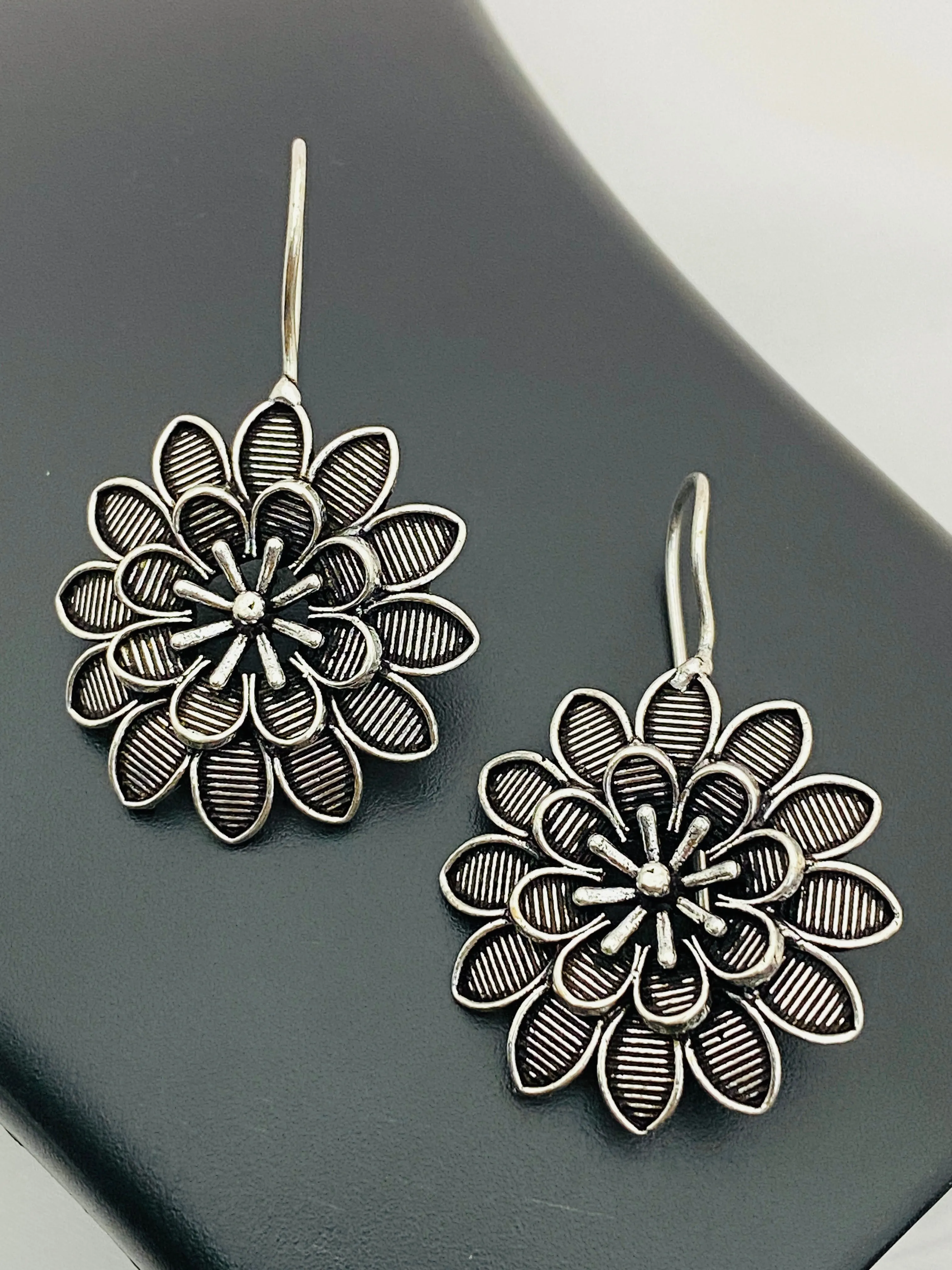 Dazzling Floral Designed German Silver Plated Oxidized Handmade Hook Earrings