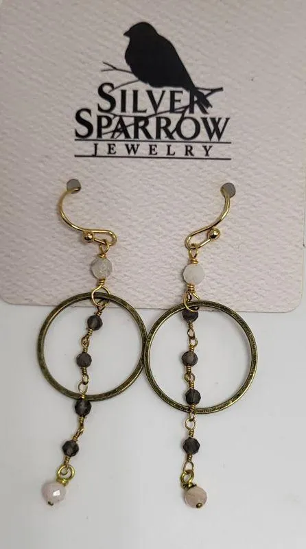 Earrings, Gold Hoops w-Smokey  Quartz