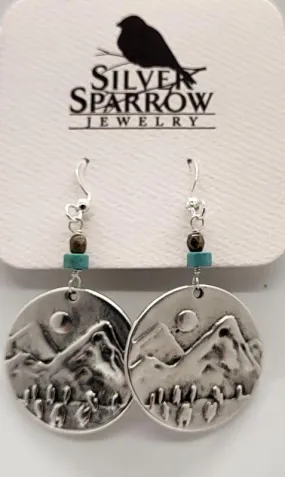 Earrings, Mountain Scene on SS  w-Turquoise Dangle