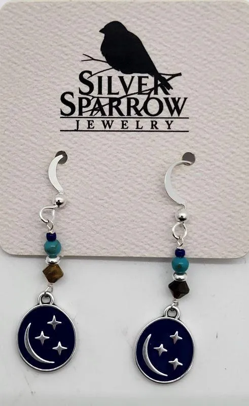 Earrings, Silver Dangle Midnight Enamel Moon & Stars