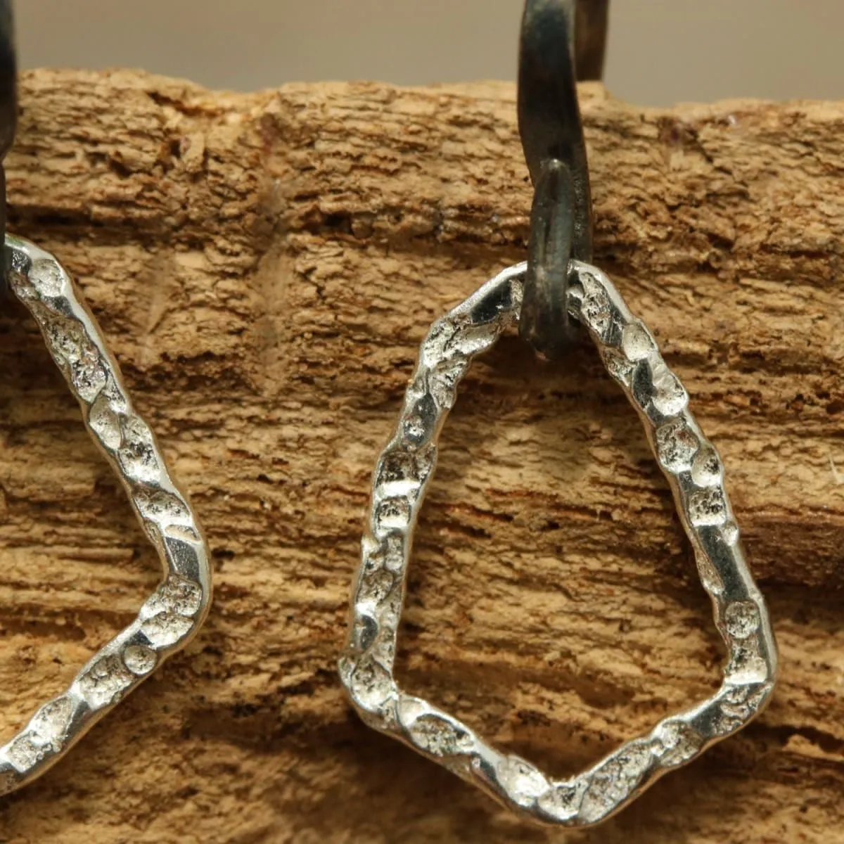 Earrings Sterling silver freeform hoops with hammered textures and oxidized silver hooks