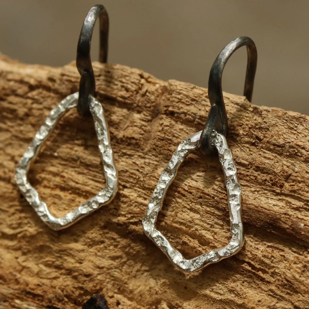 Earrings Sterling silver freeform hoops with hammered textures and oxidized silver hooks