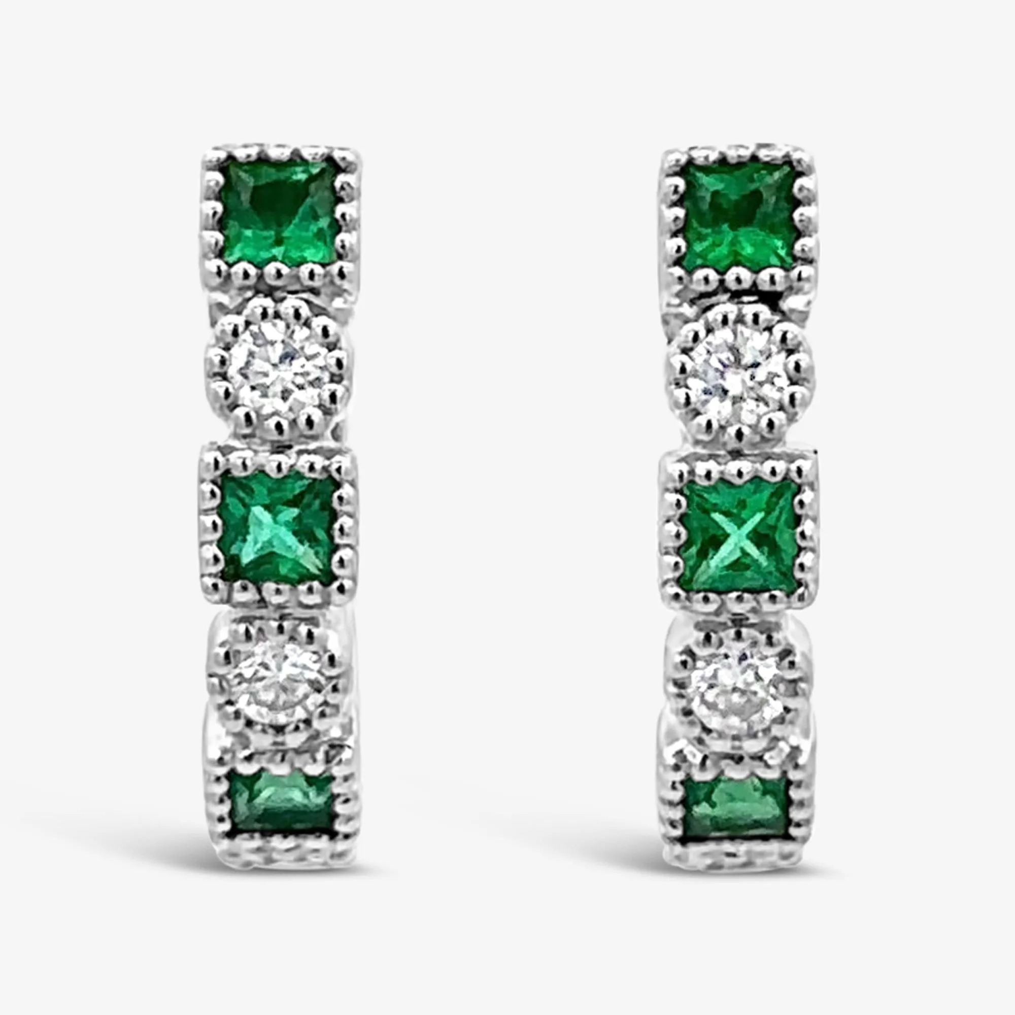 Emerald & Diamond Bead Design U-Hoop Earrings