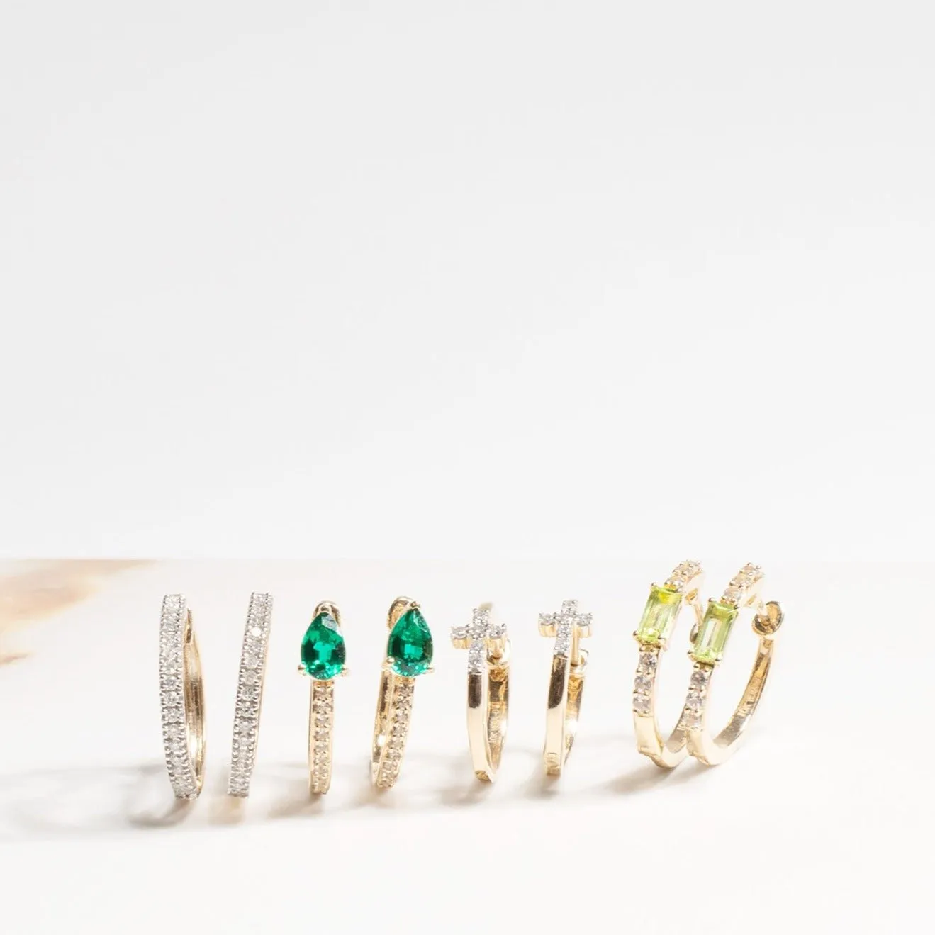 Emerald Shaped Peridot and White Sapphire Hoop Earrings