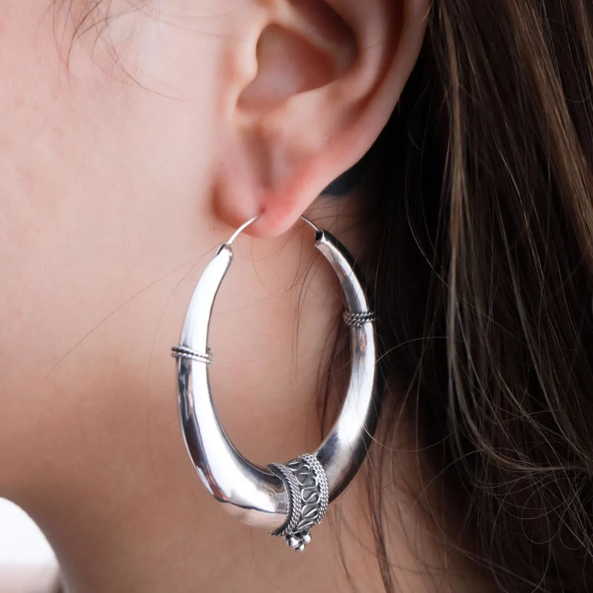 Extra large Tibetan hoops | 60 mm silver hoops |  Thick silver hoops | Boho jewelry | E1011