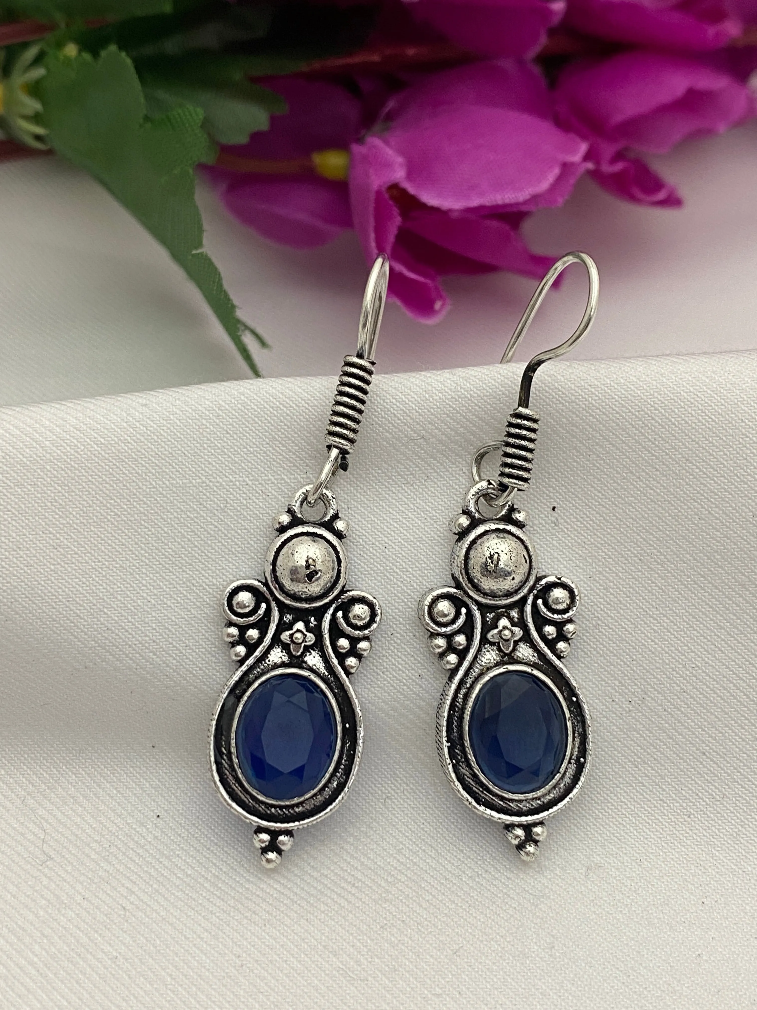 Fascinating Oval Shaped Blue Stone Beaded Silver Toned Oxidized Hook Earrings