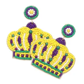 Felt Back Seed Beaded Mardi Gras Crown Dangle Earrings