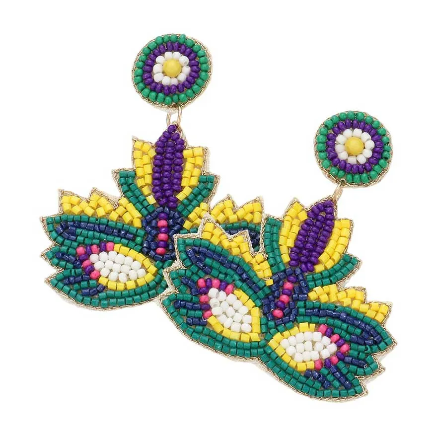 Felt Back Seed Beaded Mardi Gras Dangle Earrings