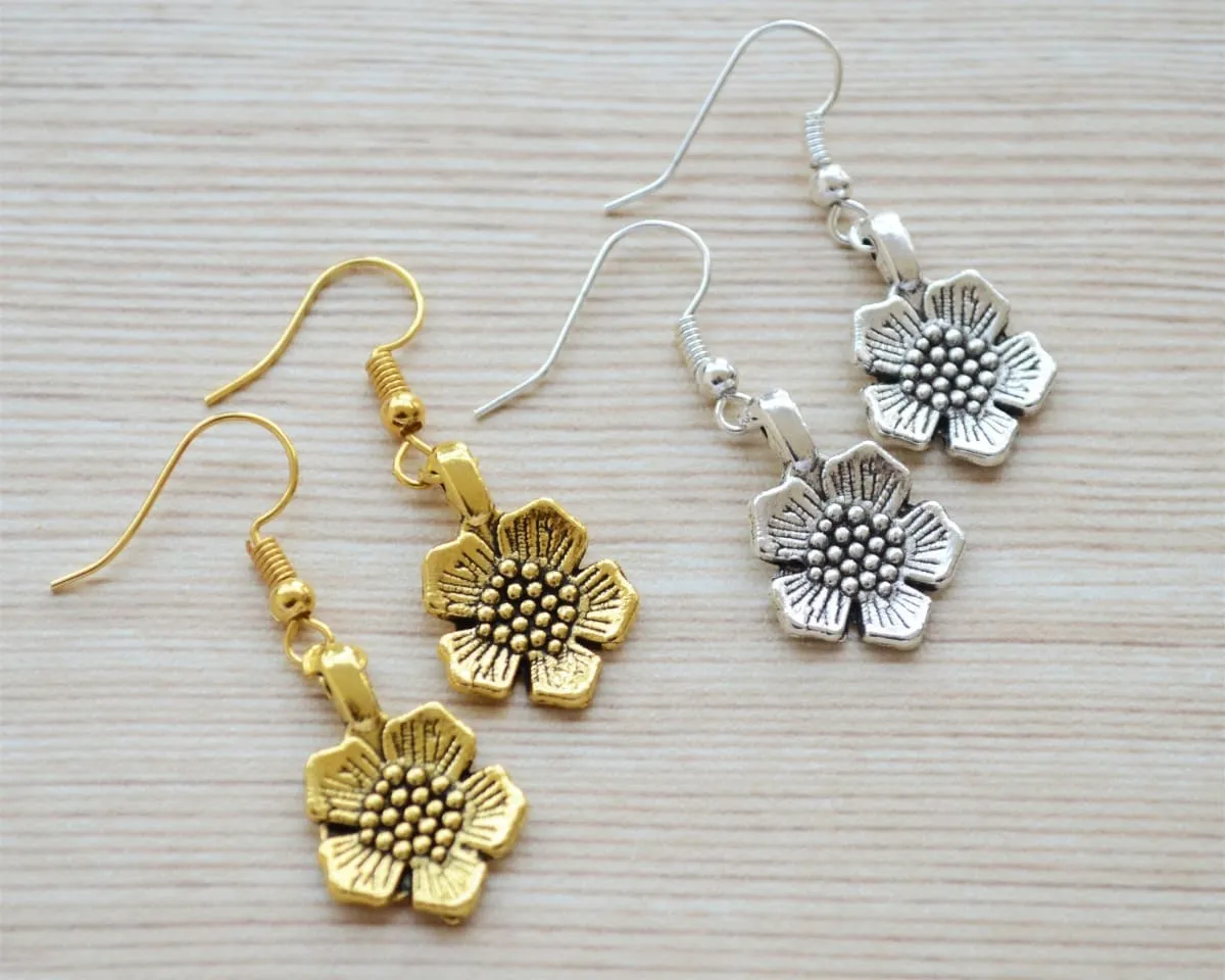 Flower dangle earrings, gold and silver drop earrings gift set, everyday minimalist workwear jewelry