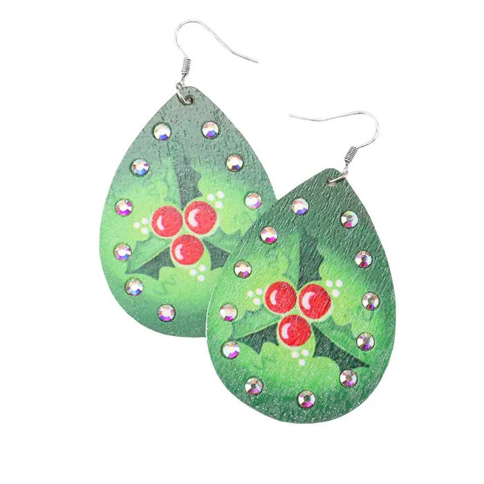 Flower Poinsettia Wood Teardrop Earrings