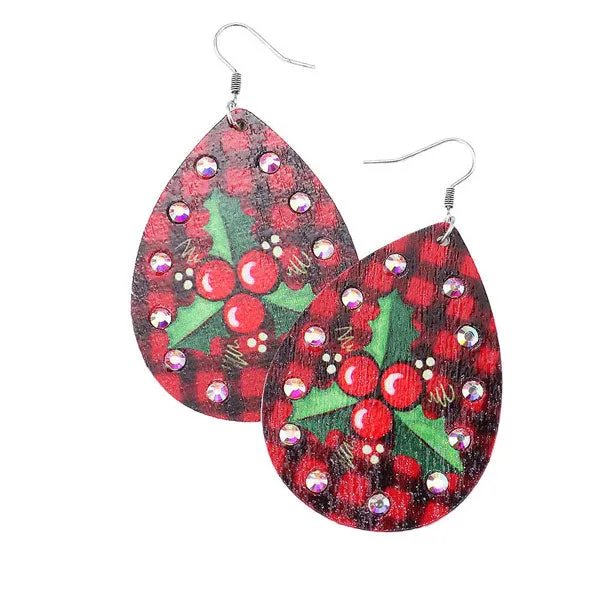 Flower Poinsettia Wood Teardrop Earrings