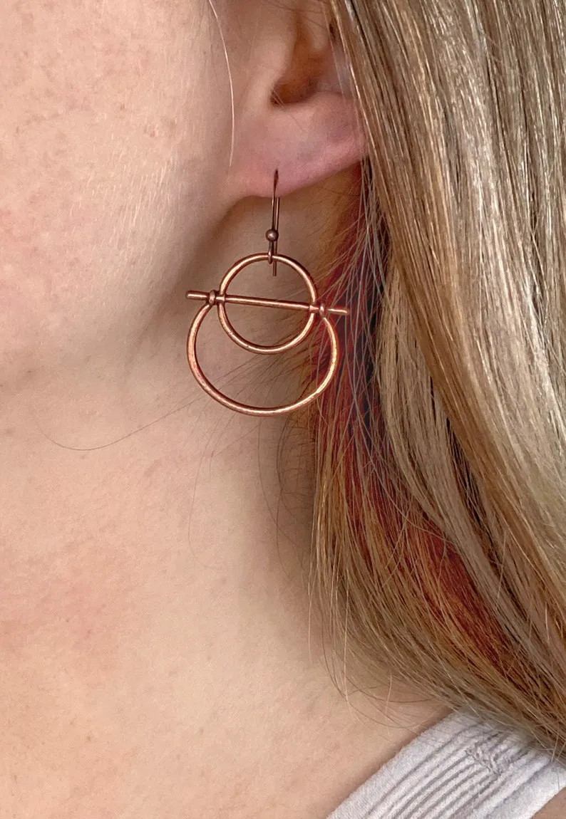 Geometric Copper Hoop Earrings, Rustic Copper Jewelry