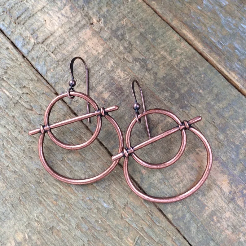 Geometric Copper Hoop Earrings, Rustic Copper Jewelry