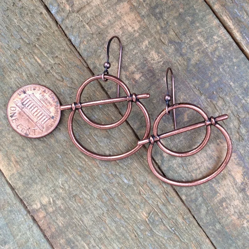 Geometric Copper Hoop Earrings, Rustic Copper Jewelry