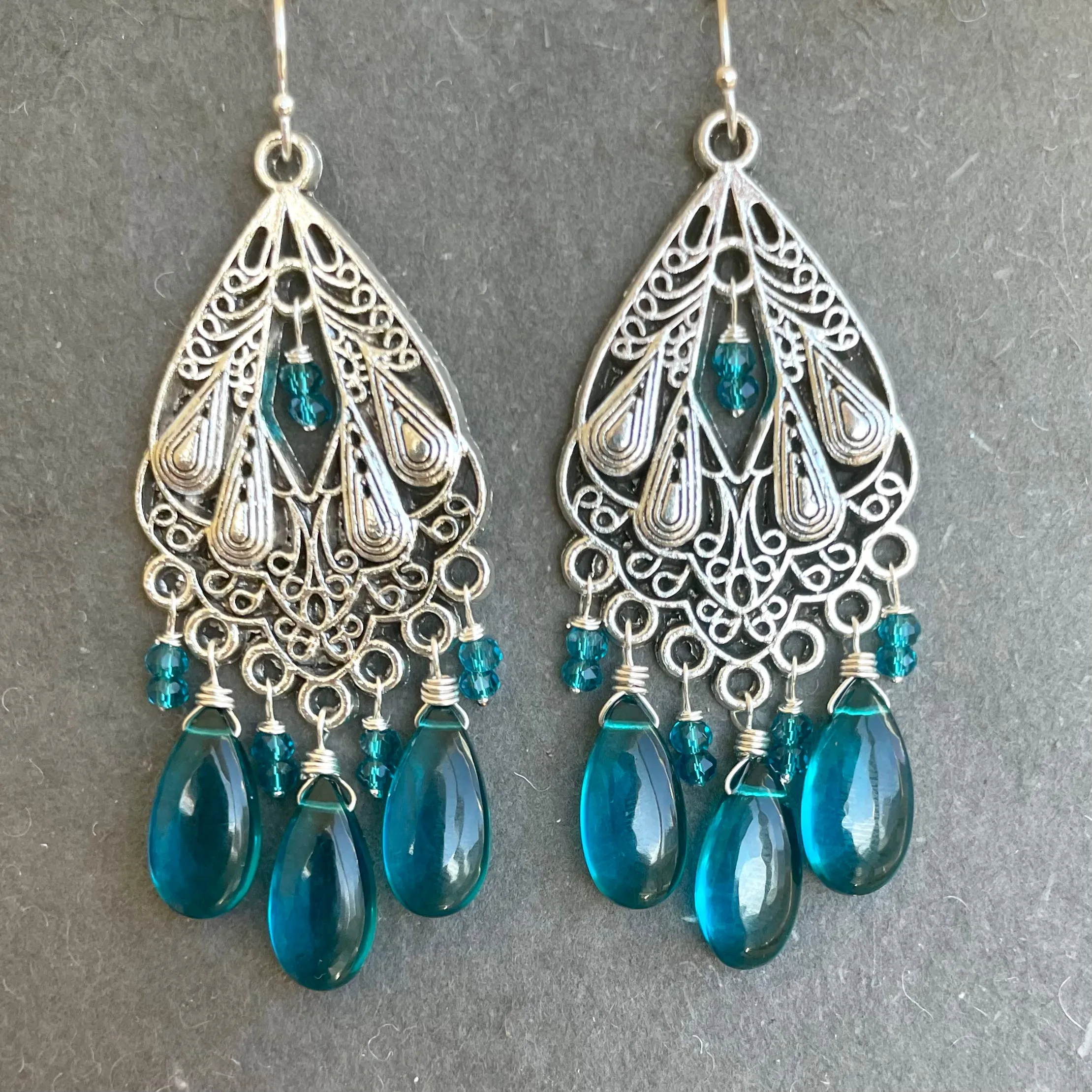 Gilded Age Art Deco Teal Chandelier Earrings