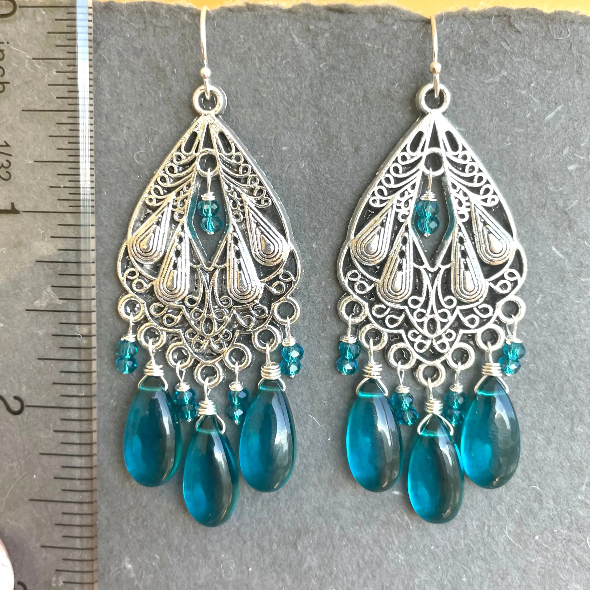 Gilded Age Art Deco Teal Chandelier Earrings