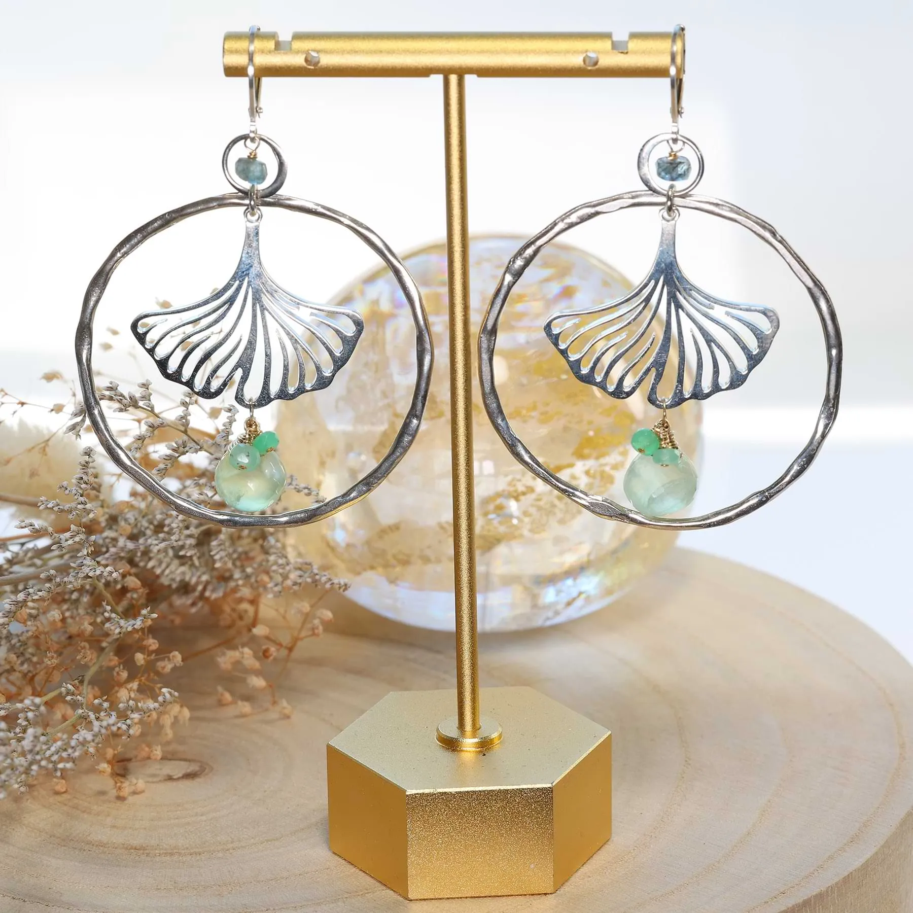 Ginkgo - Hammered Sterling Silver Gemstone Hoop Earrings