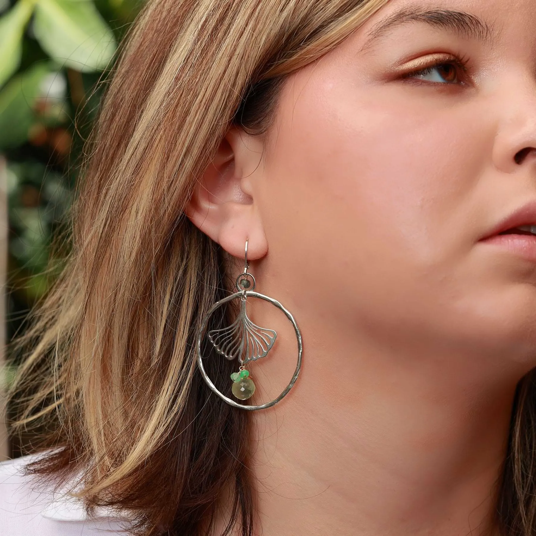 Ginkgo - Hammered Sterling Silver Gemstone Hoop Earrings