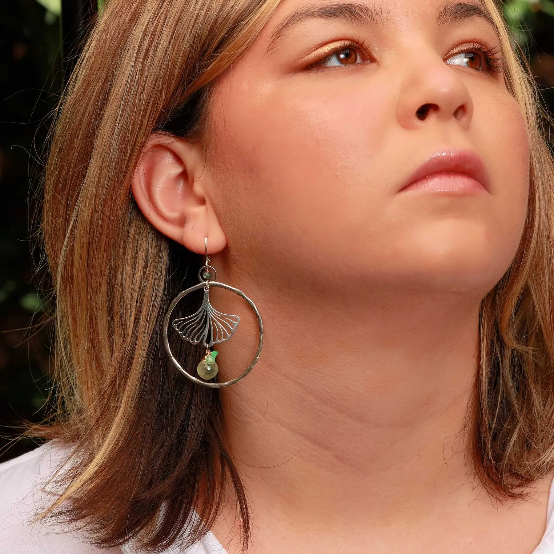 Ginkgo - Hammered Sterling Silver Gemstone Hoop Earrings