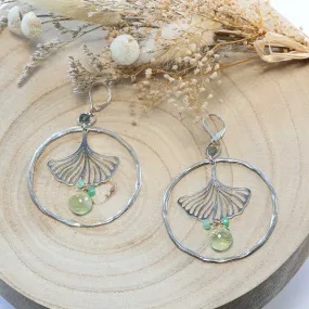 Ginkgo - Hammered Sterling Silver Gemstone Hoop Earrings