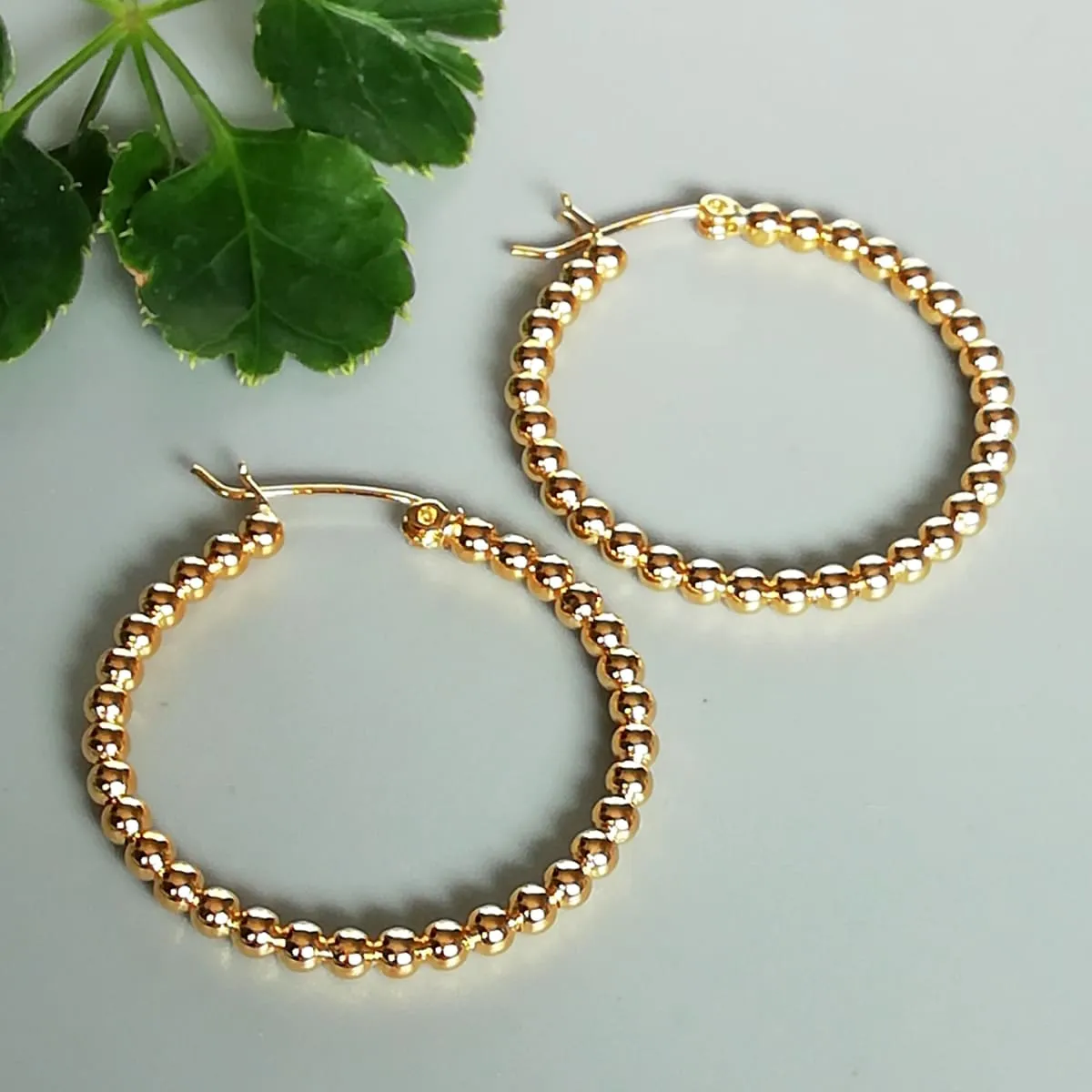 Gold balls hoops | Gold beads hoops | 35 mm hoops | Sterling silver hoop | Wedding hoops | E1001