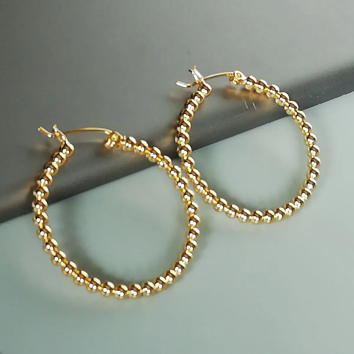 Gold balls hoops | Gold beads hoops | 35 mm hoops | Sterling silver hoop | Wedding hoops | E1001