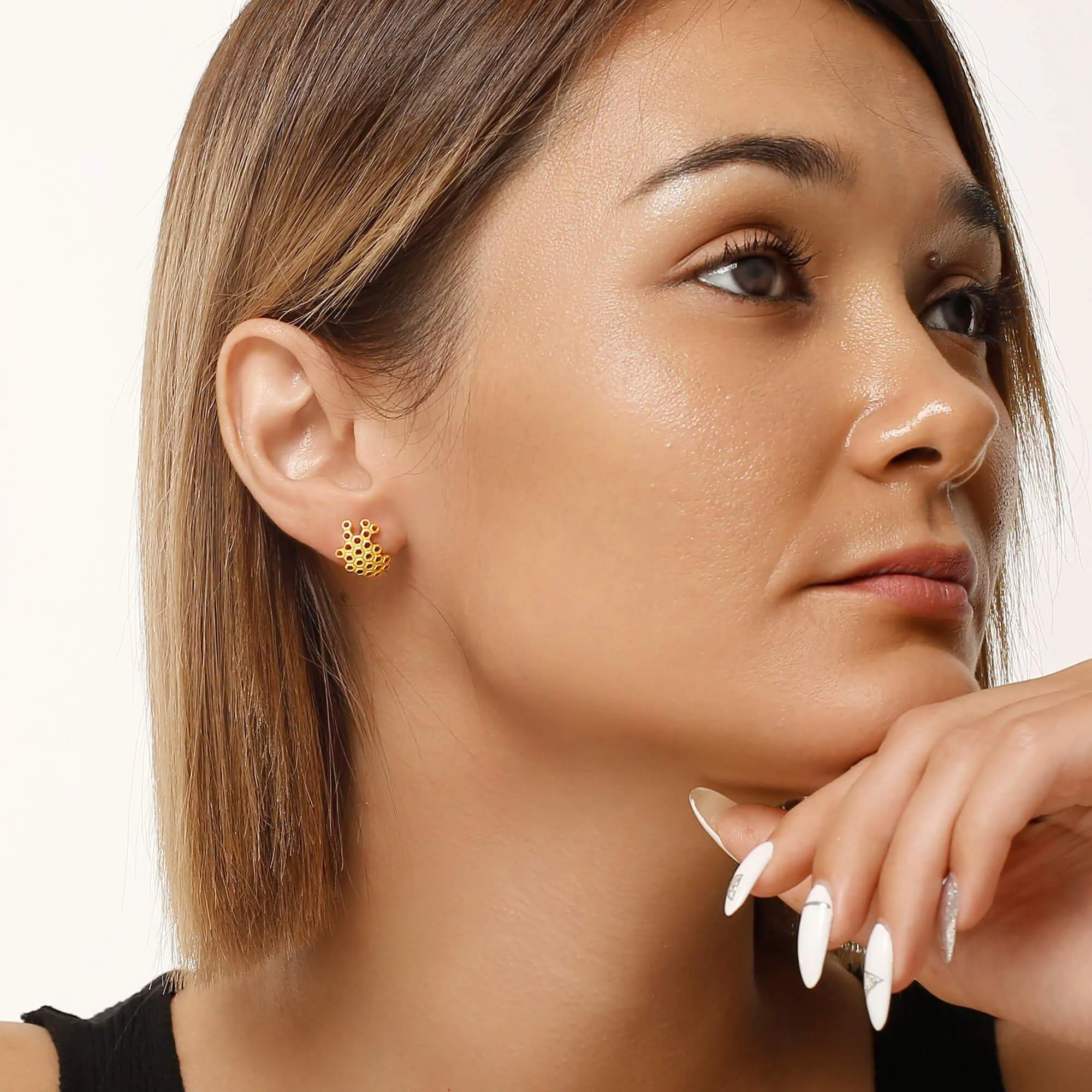 Gold Honeycomb Dangle Stud Earrings LifeWithMak Collection