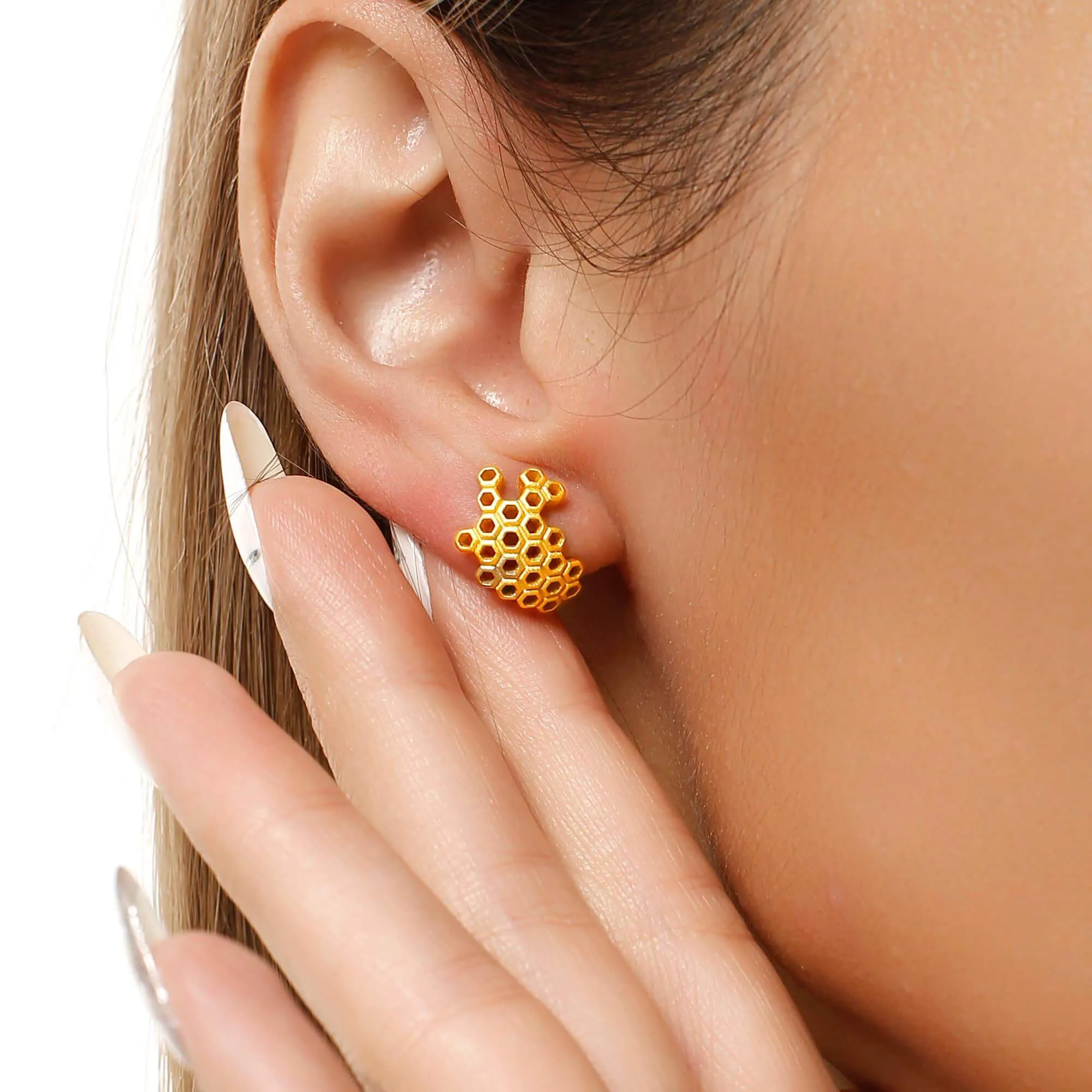 Gold Honeycomb Dangle Stud Earrings LifeWithMak Collection