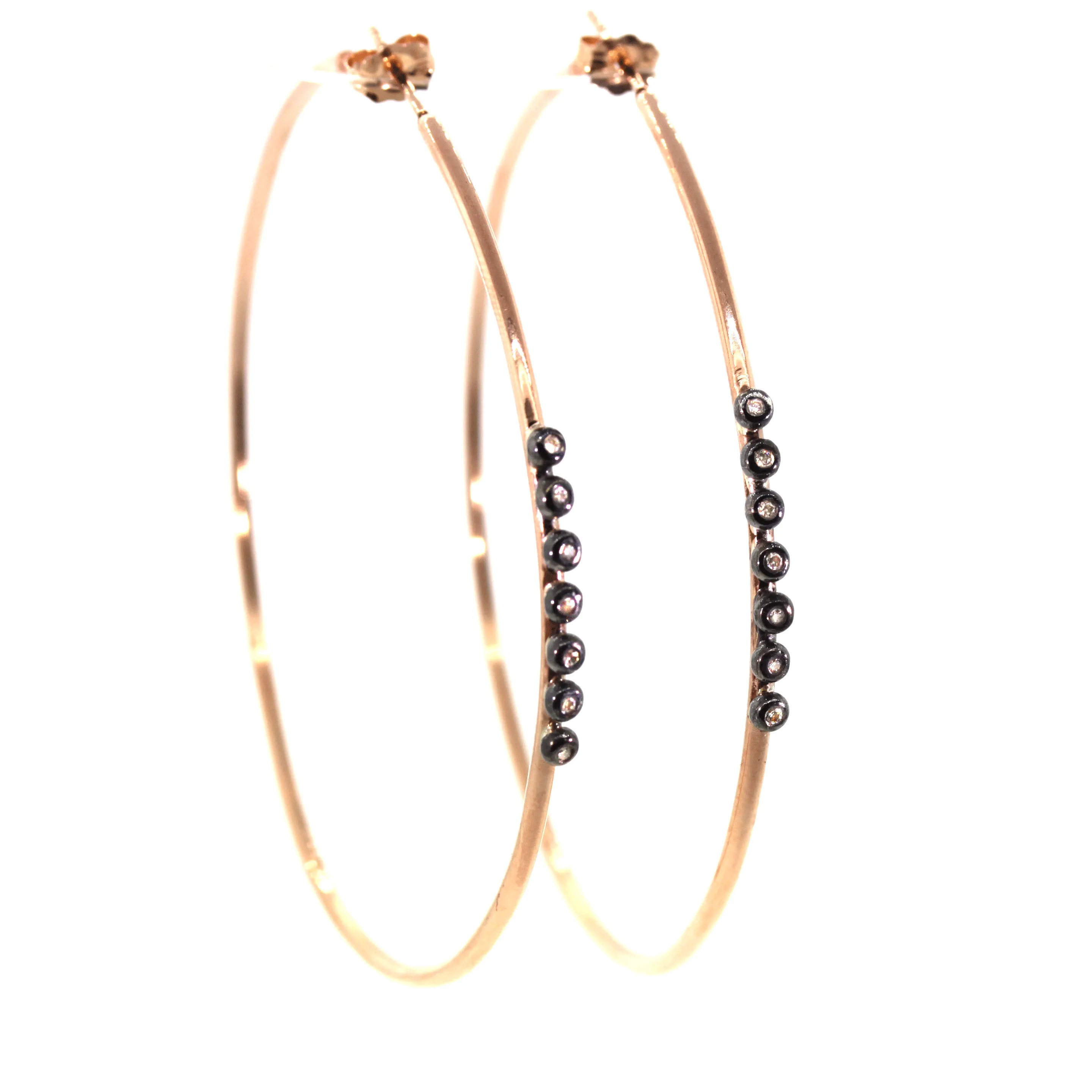 Gold Hoop Earrings with Oxidized Diamond Bezels