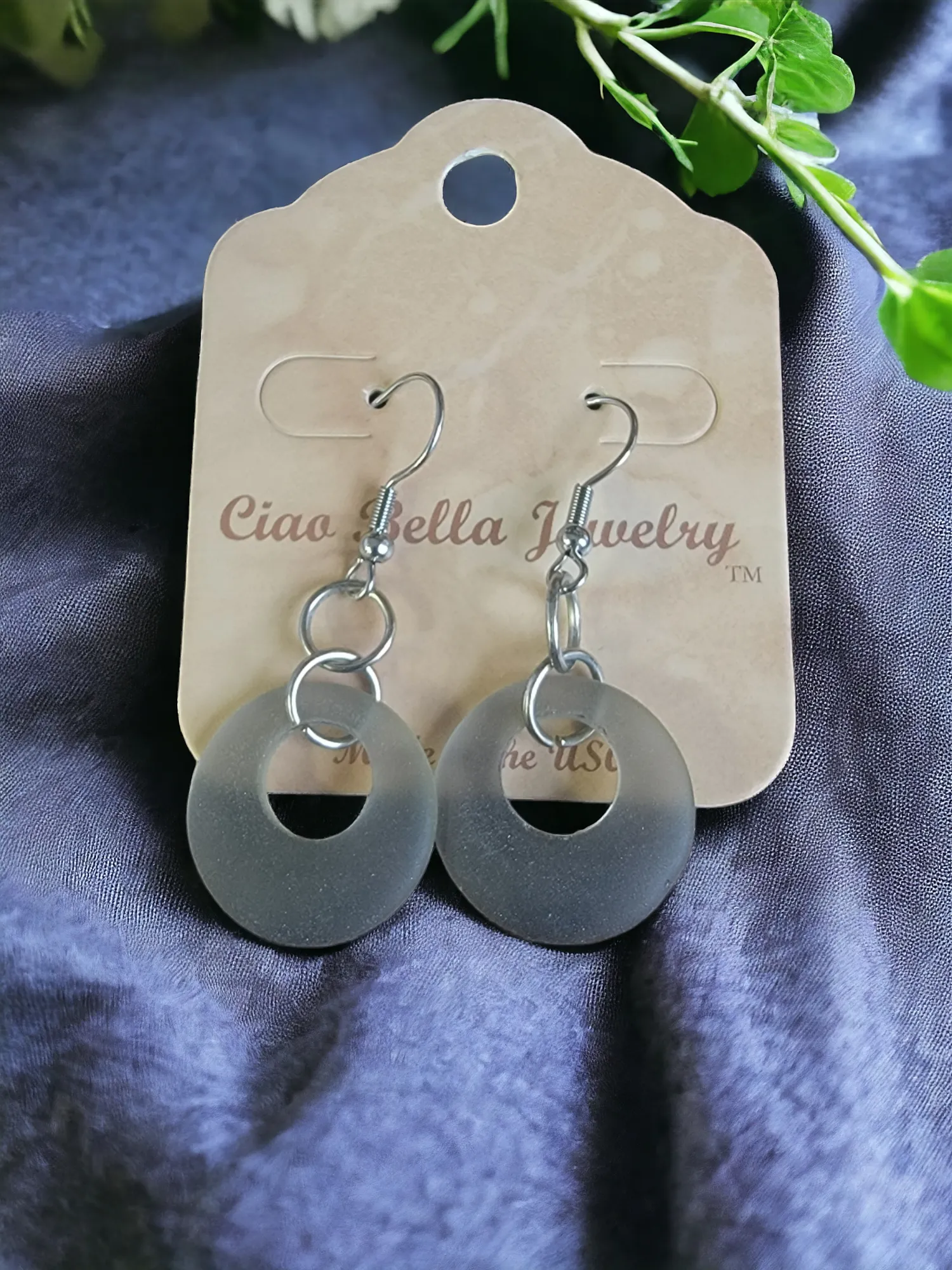 Grayish Black Sea Glass Hoop Earrings