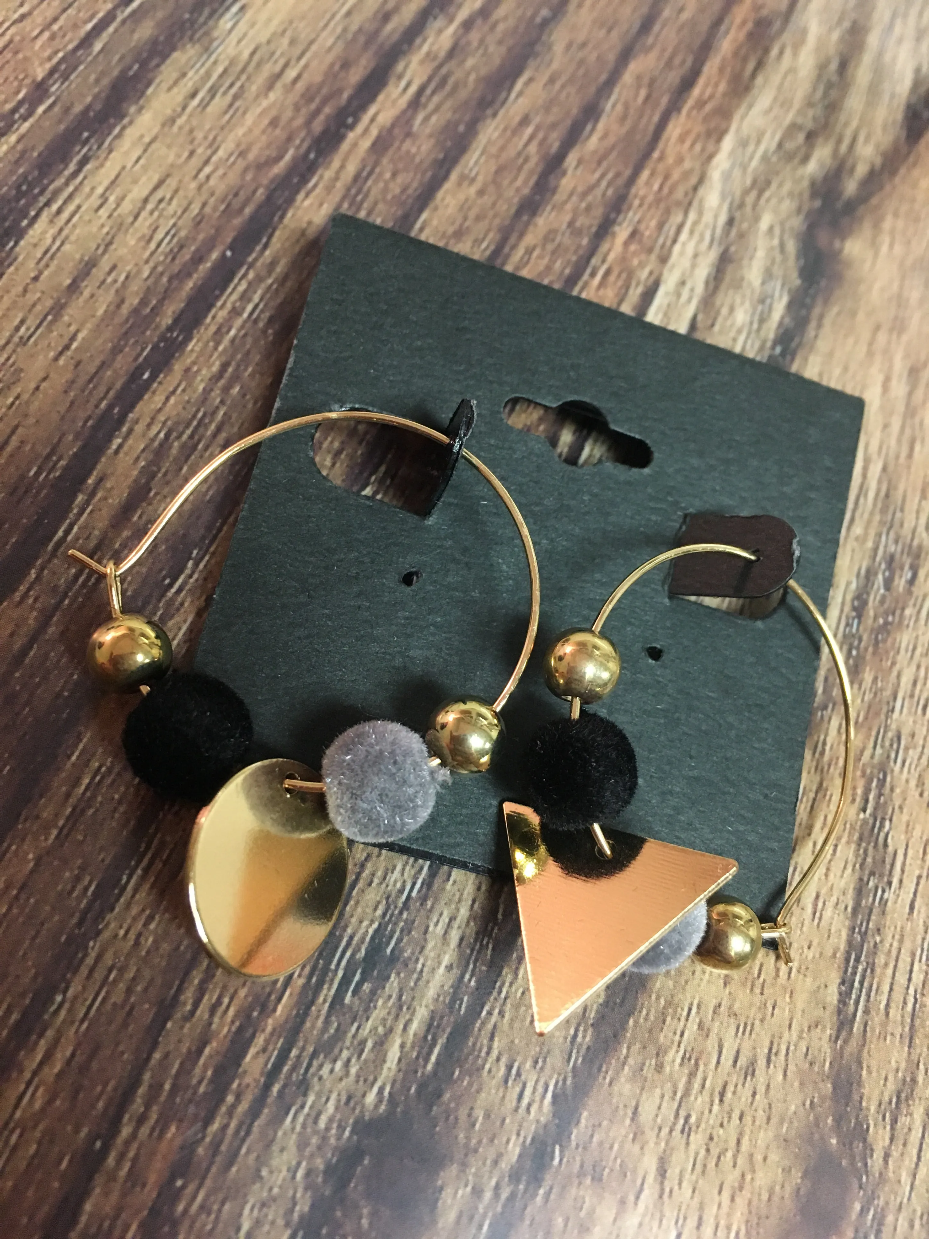 GREY, BLACK SOFT BEADS ON GOLD HOOP EARRINGS