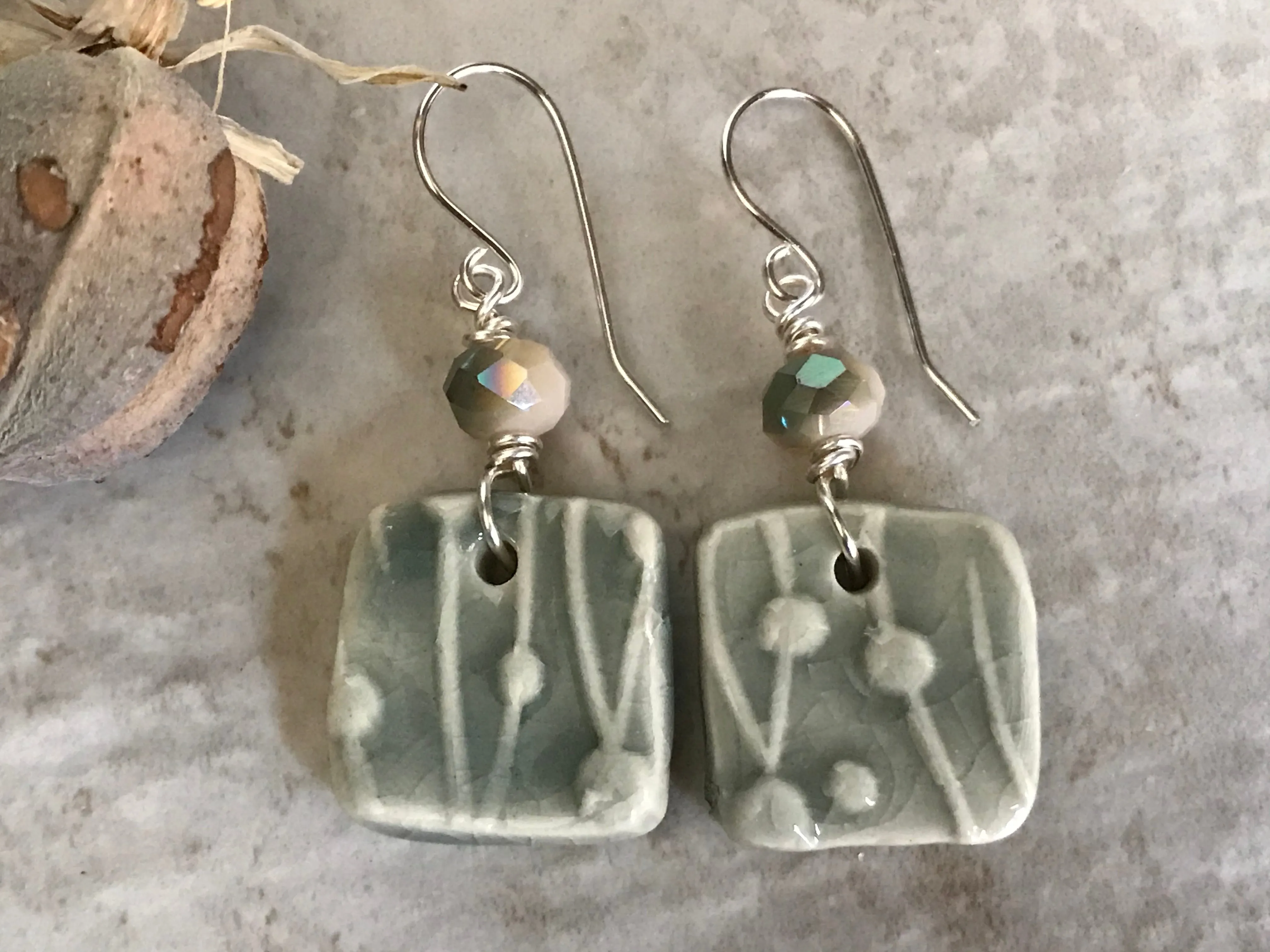 Grey Crackle Unique Dangle Earrings, Handmade Earrings with Czech Glass Beads