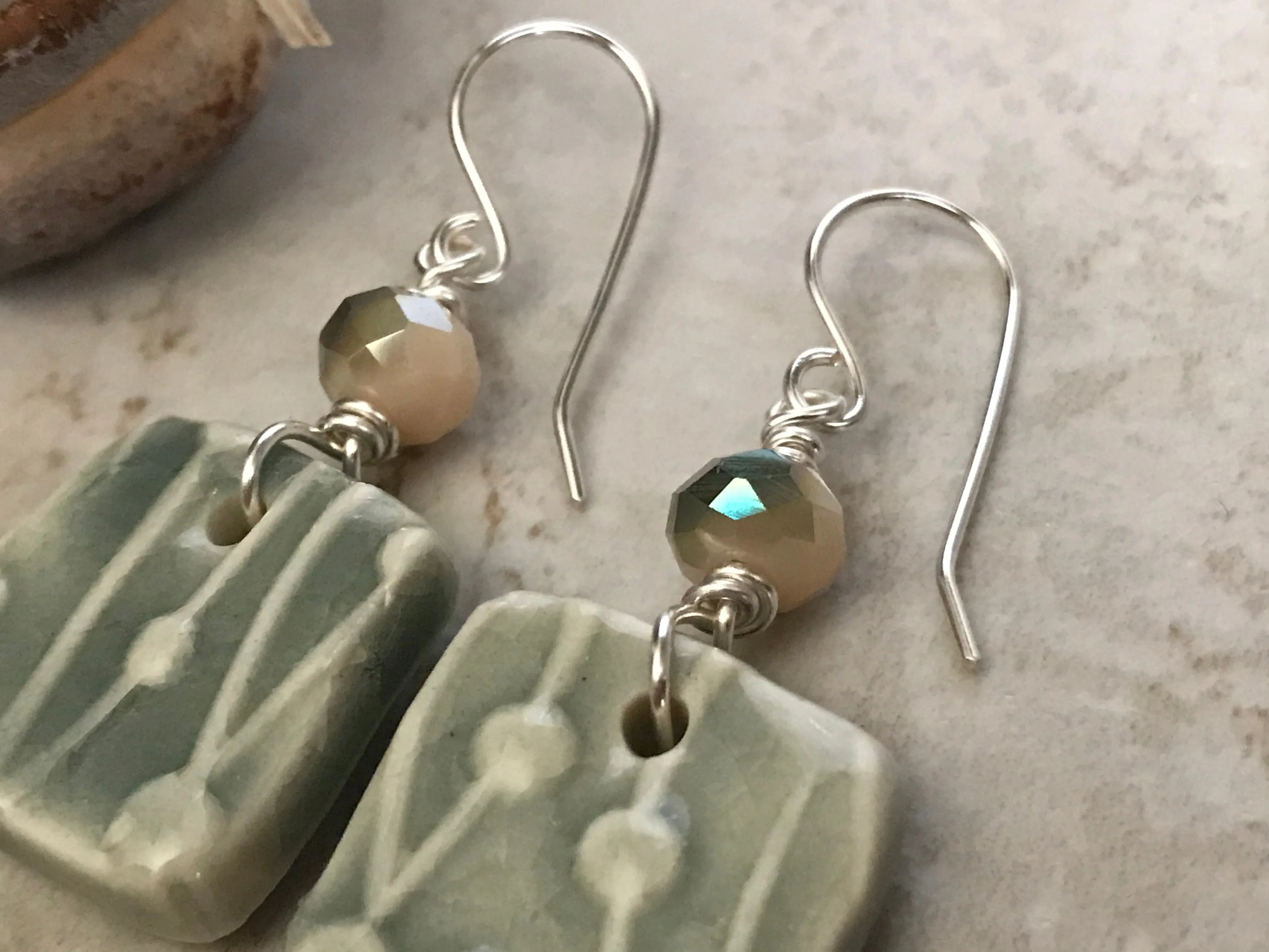 Grey Crackle Unique Dangle Earrings, Handmade Earrings with Czech Glass Beads