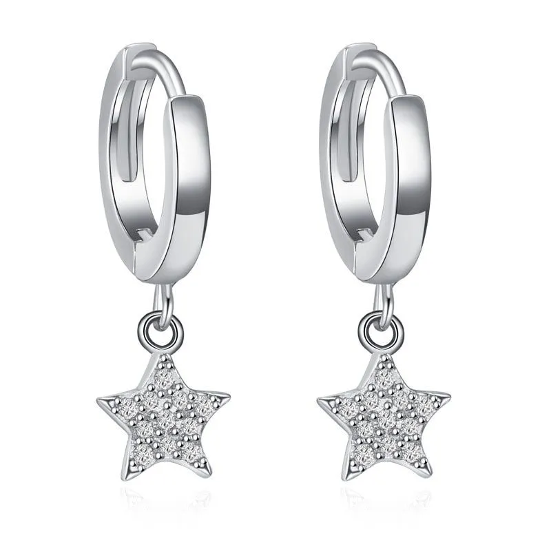 GZ243 - Solid 925 Sterling Silver Hearts Stars Dangle Earrings - Charm Jewelry