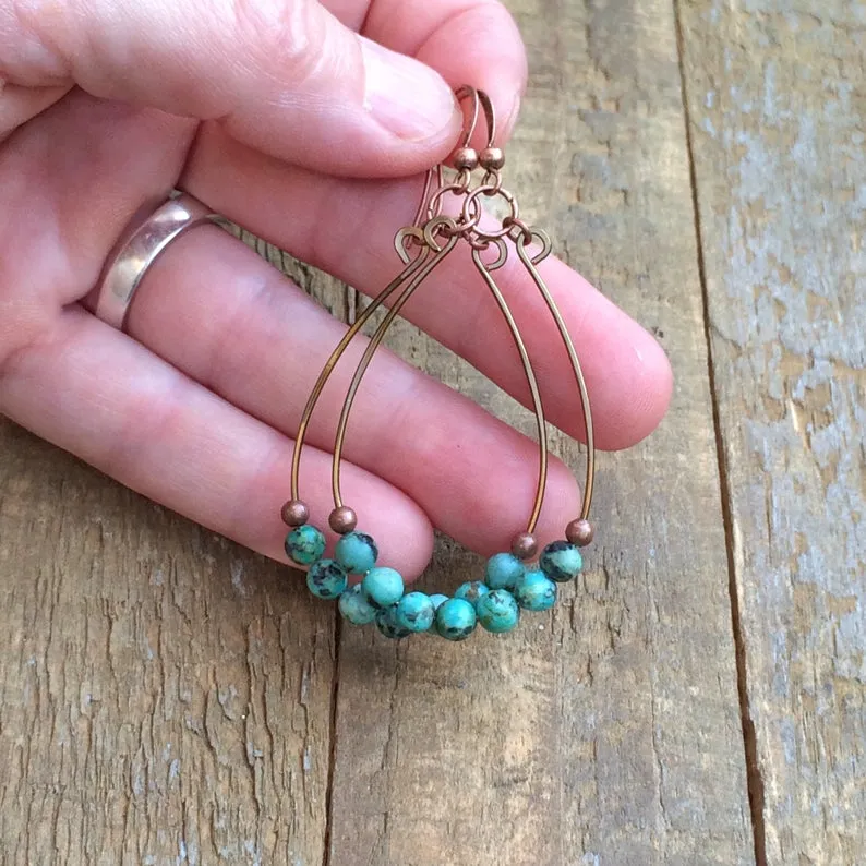 Hammered Copper Hoop Earrings with African Turquoise Stones