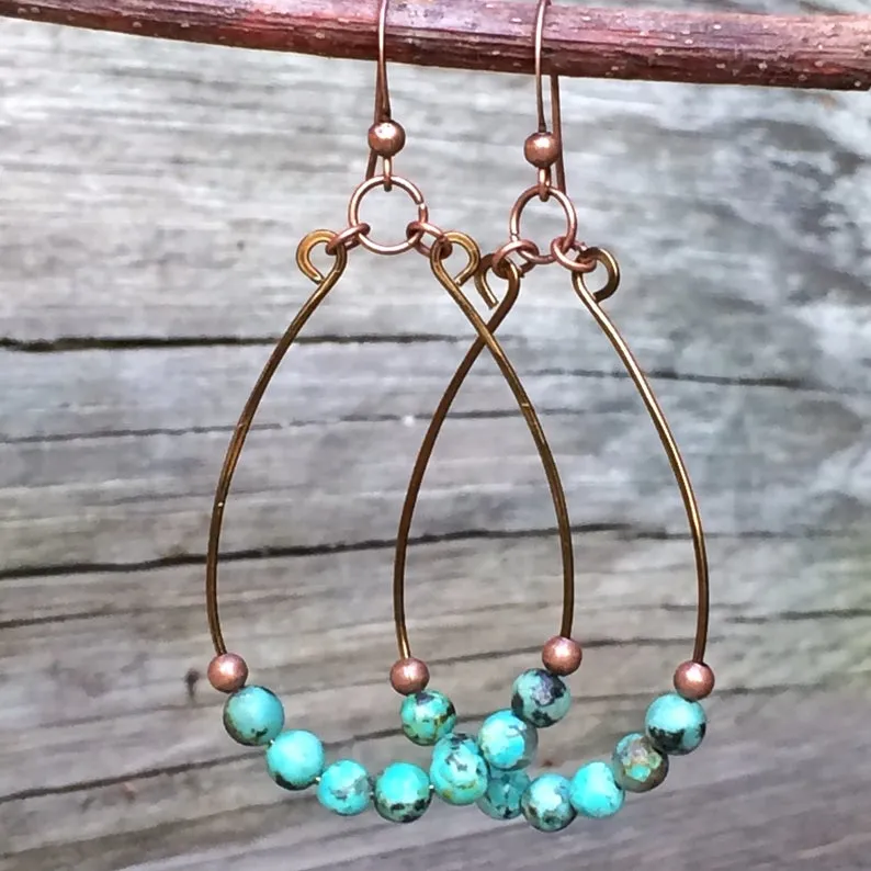 Hammered Copper Hoop Earrings with African Turquoise Stones