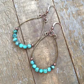 Hammered Copper Hoop Earrings with African Turquoise Stones