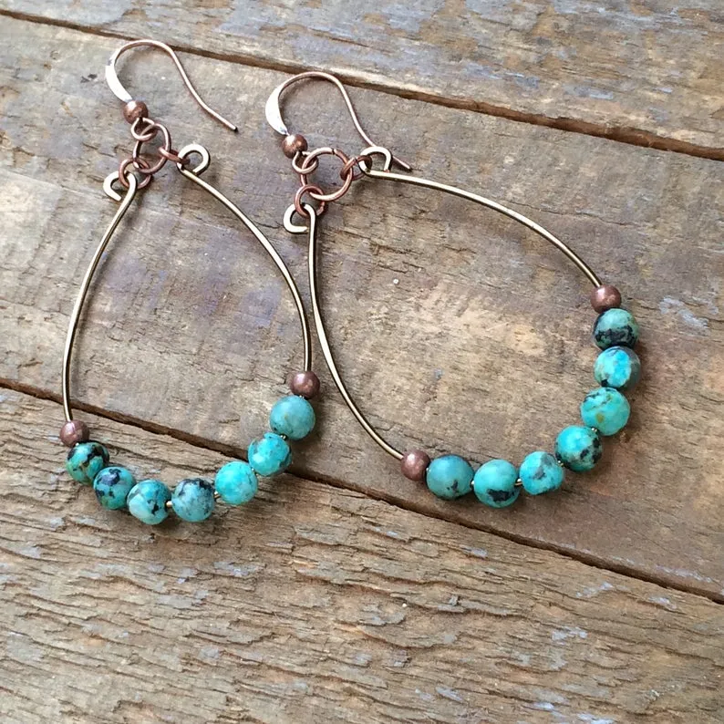 Hammered Copper Hoop Earrings with African Turquoise Stones