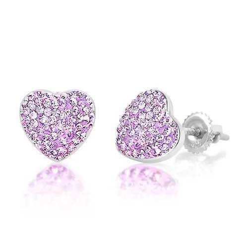 Heart Pink Purple Crystal Palladium Plating Girls Screwback stud Earring