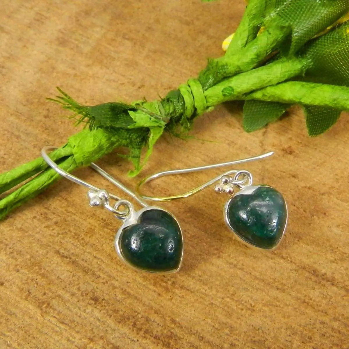 Heart Shaped Emerald Corundum Stone 925Sterling Silver Dangle Earring