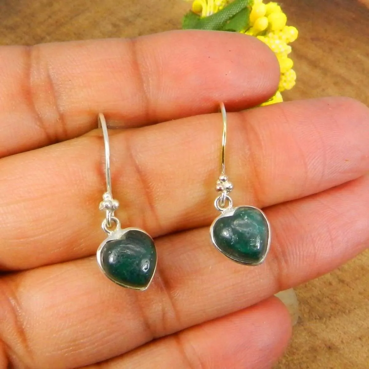 Heart Shaped Emerald Corundum Stone 925Sterling Silver Dangle Earring