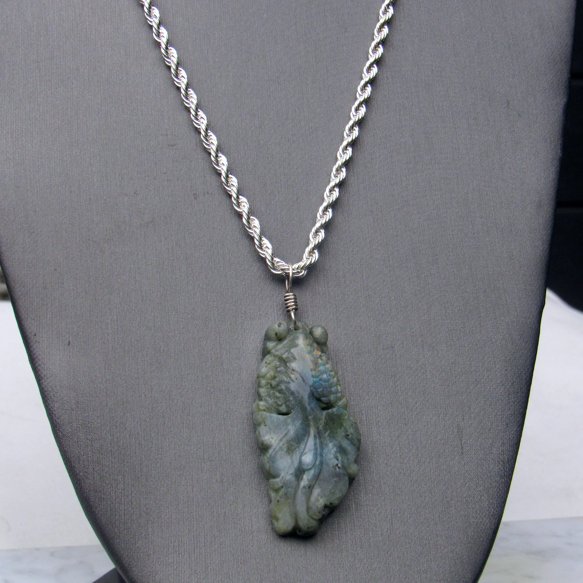 Labradorite gemstone carved Fish on Sterling Silver chain.