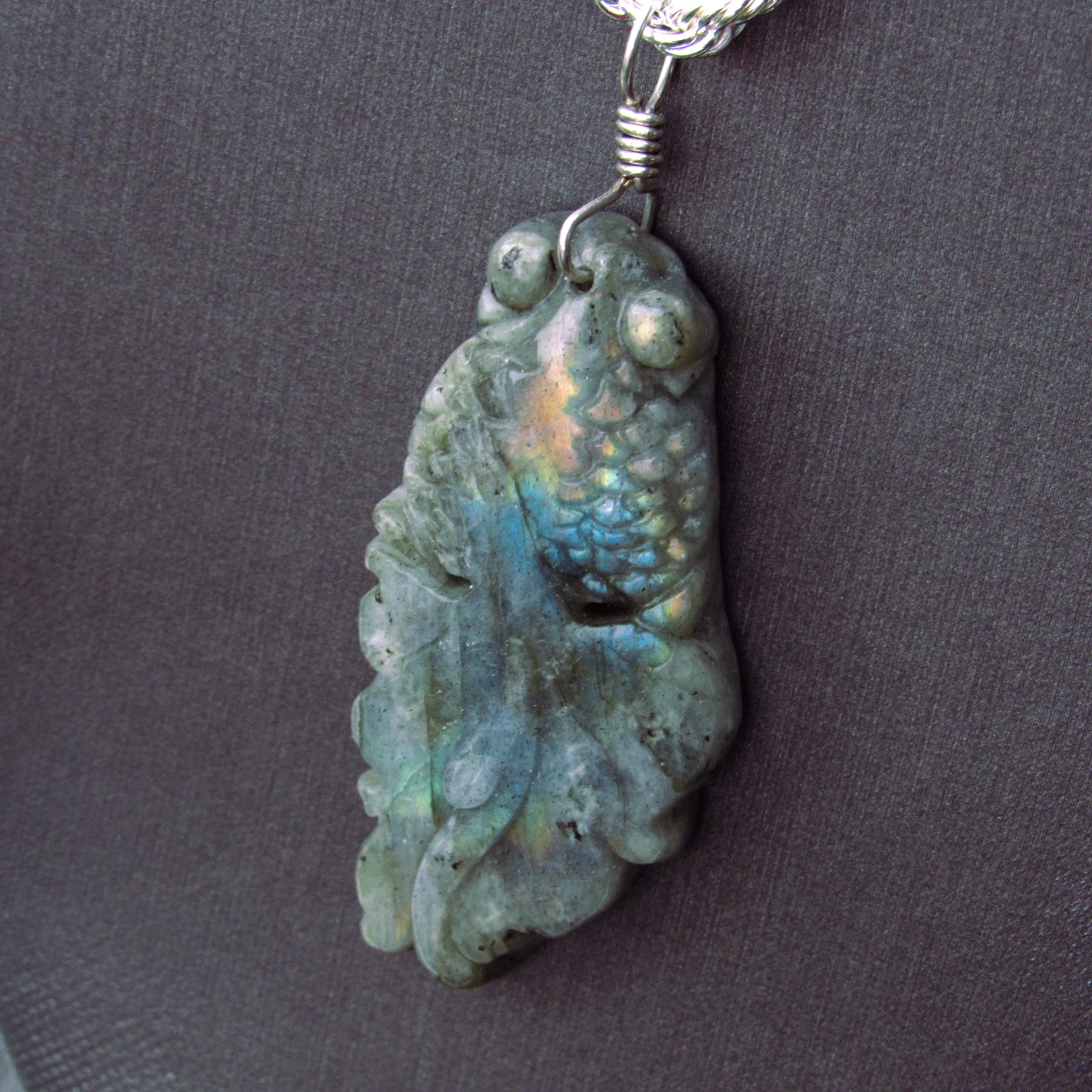 Labradorite gemstone carved Fish on Sterling Silver chain.