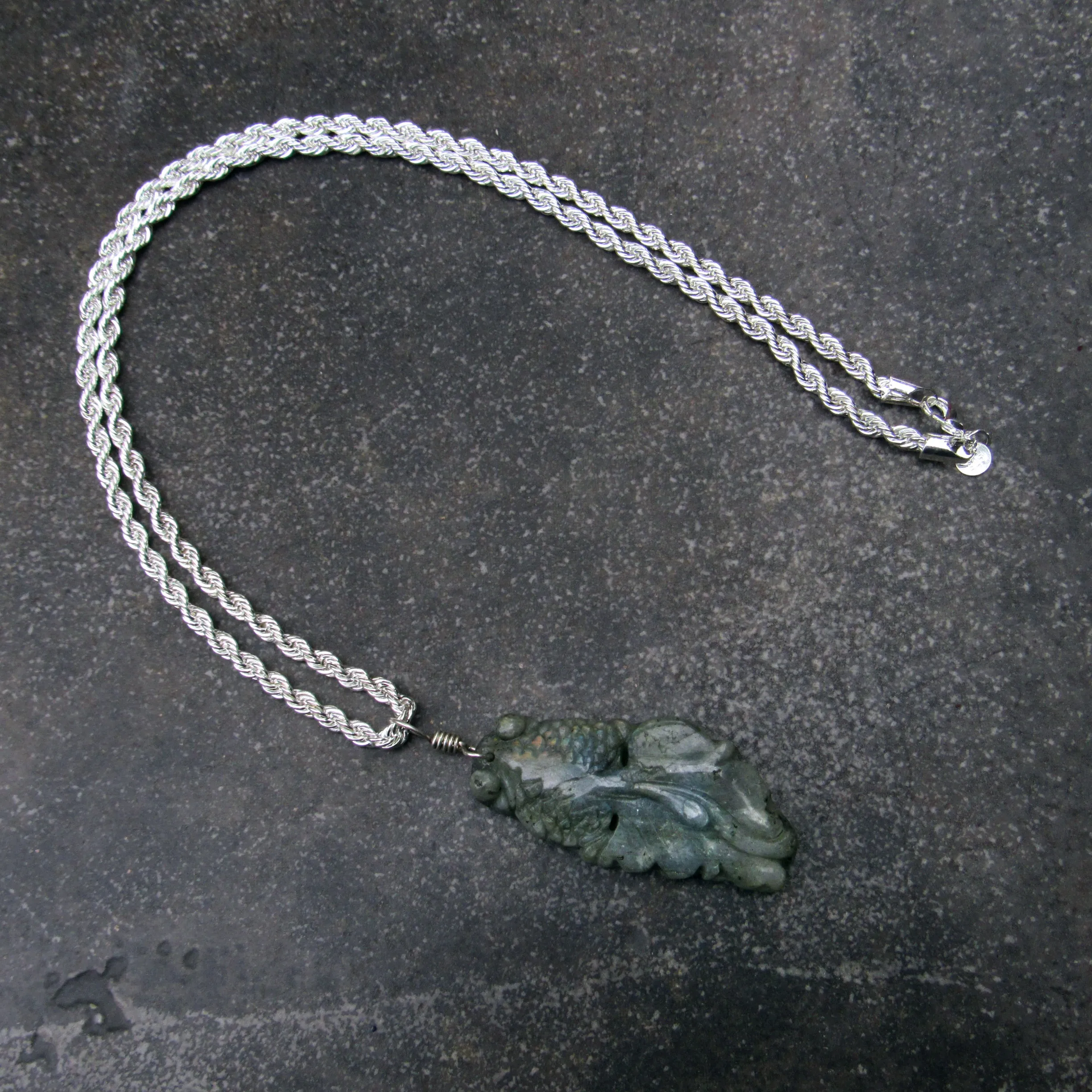 Labradorite gemstone carved Fish on Sterling Silver chain.