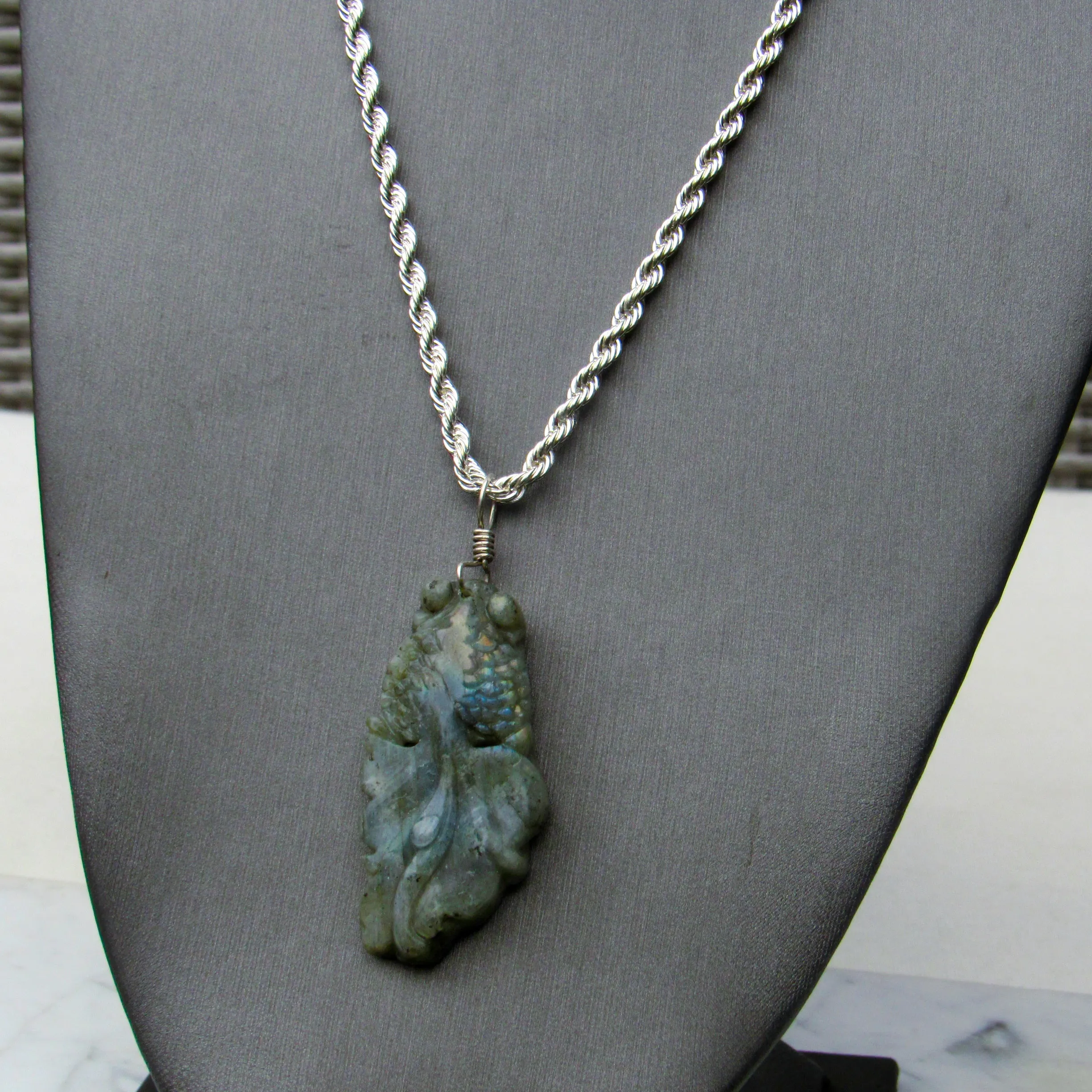 Labradorite gemstone carved Fish on Sterling Silver chain.