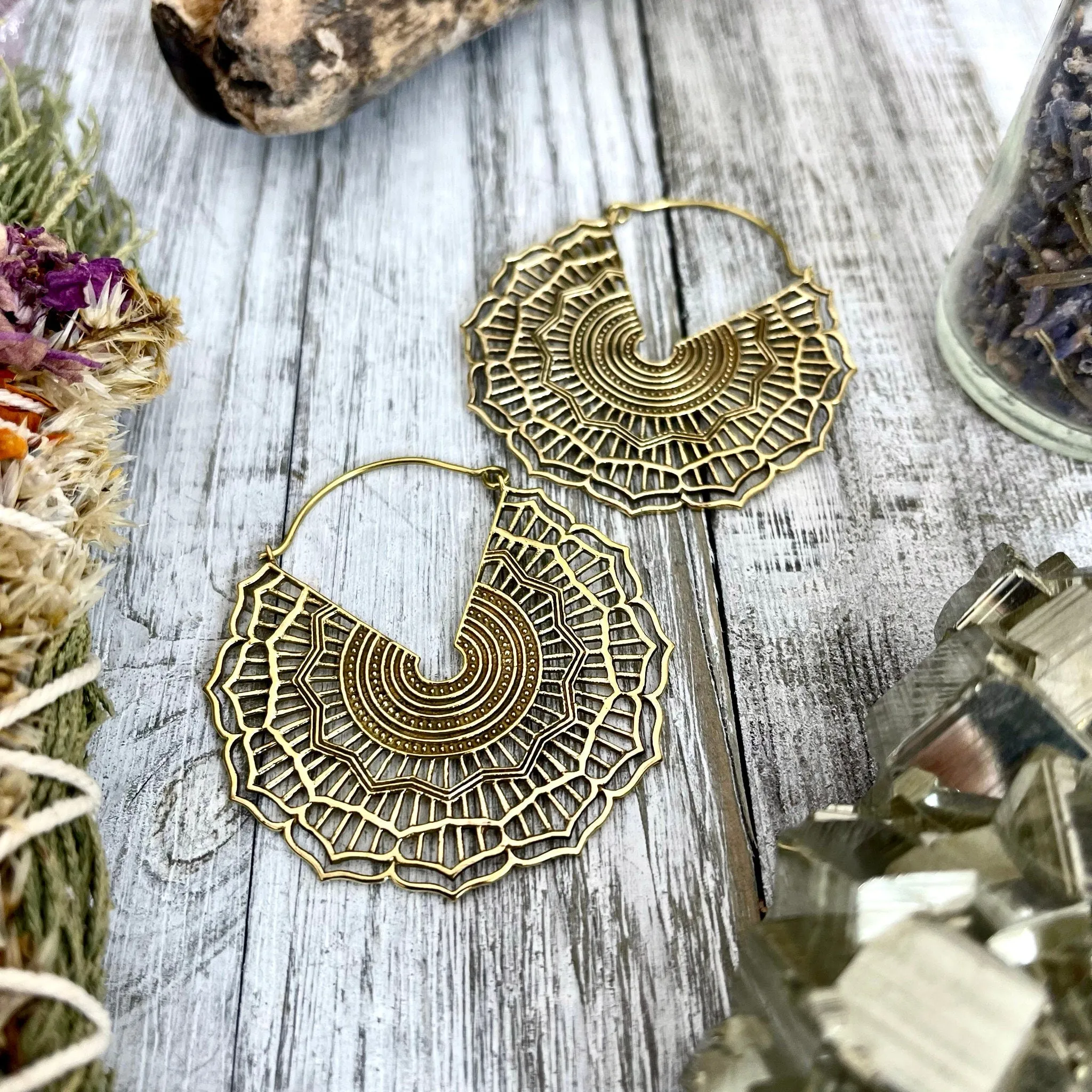 Large Brass Decorated Hoop Earrings